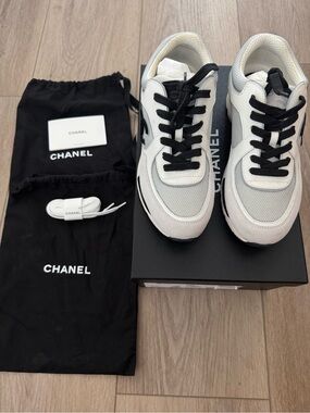 CHANEL White and Black Leather Mesh Sneakers with Black Laces